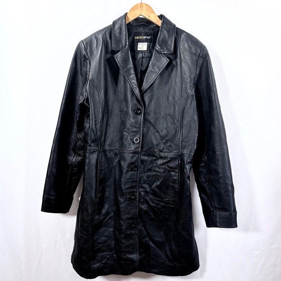 VTG 90s Metrostyle Matrix Black Leather Trenchoat Jacket Womens Size 16 Goth - Picture 2 of 9